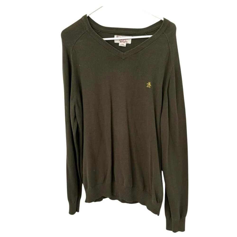 Men’s Large Olive Green V-Neck Sweater Pullover Knit Casual Classic Style